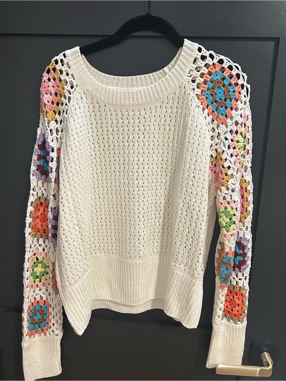 Pink Lily Cream Crewneck Sweater with Multicolor Crochet Sleeves
